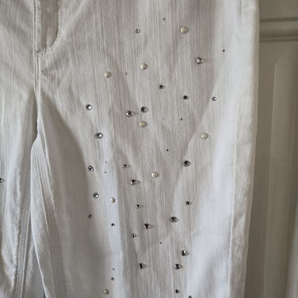 Chico’s So Slimming Ankle Jeans 0.5 US 6 White Rhinestone Pearl Embellished Stre - Picture 6 of 11